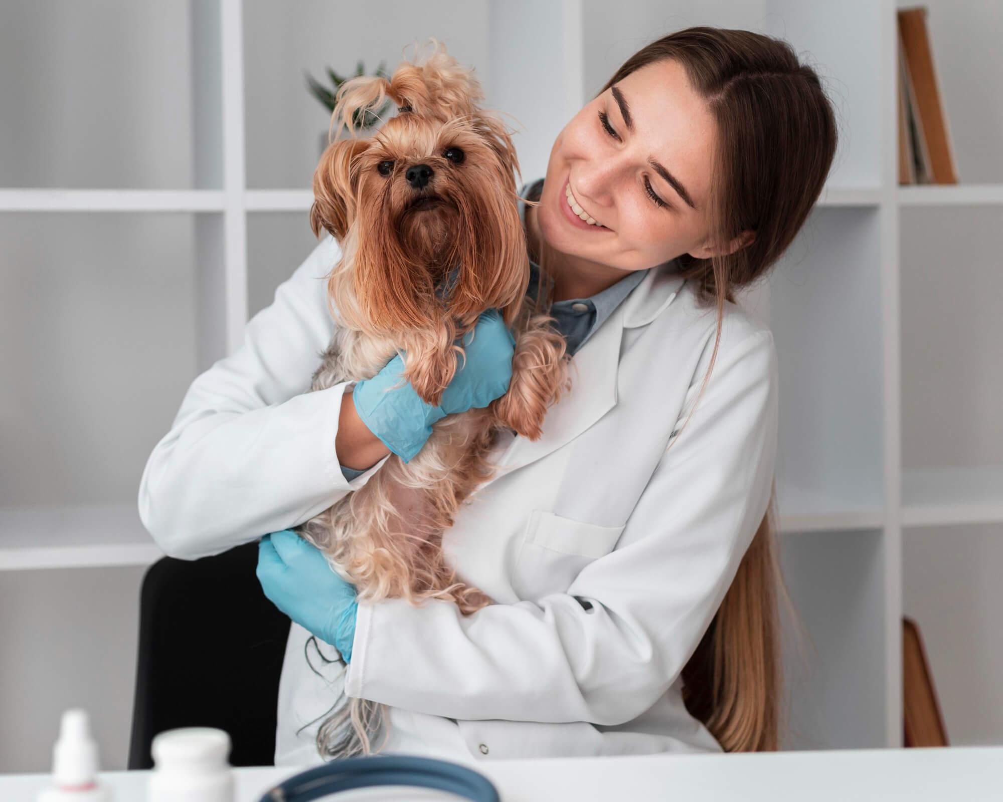 Foto de um cachorro no colo de uma médica-veterinária
