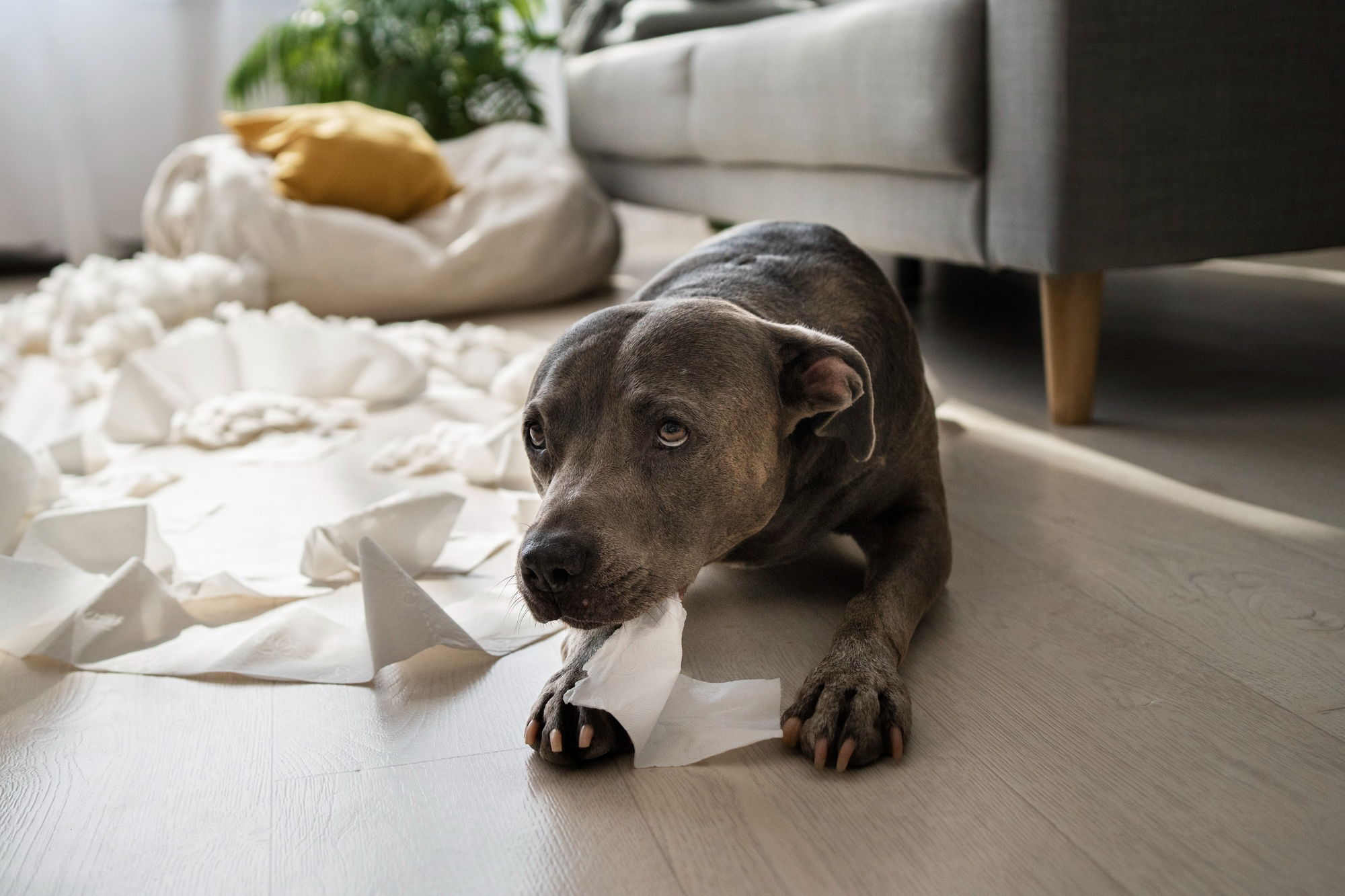 Imagem de cachorro triste ao receber bronca por brincar com papel higiênico na sala
